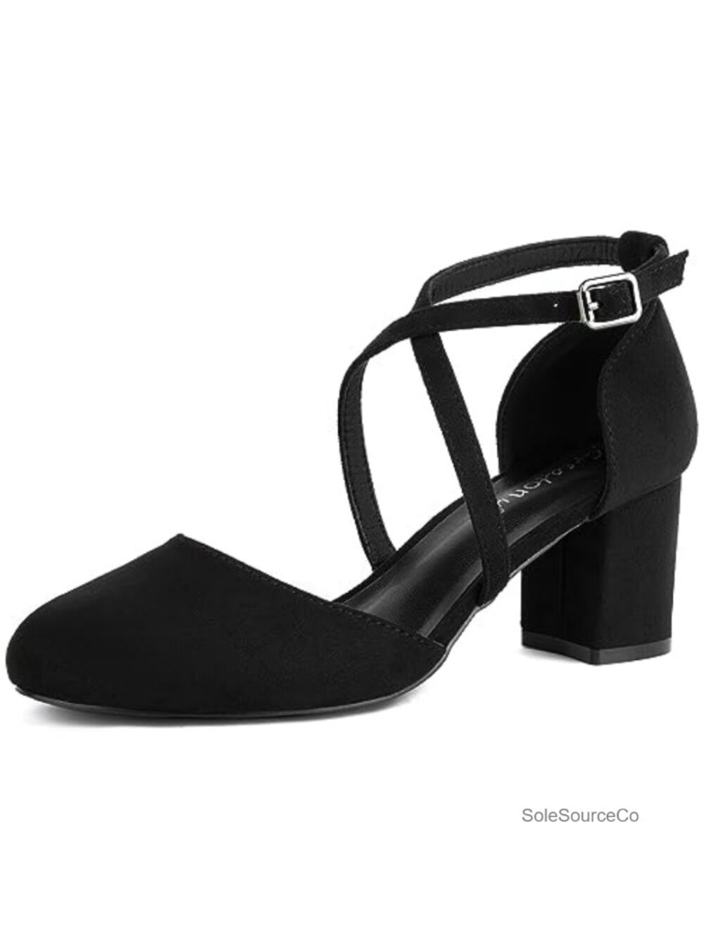Women's Low Block Heel Pumps Closed Round Toe Cross Strap Buckle Dress Shoes